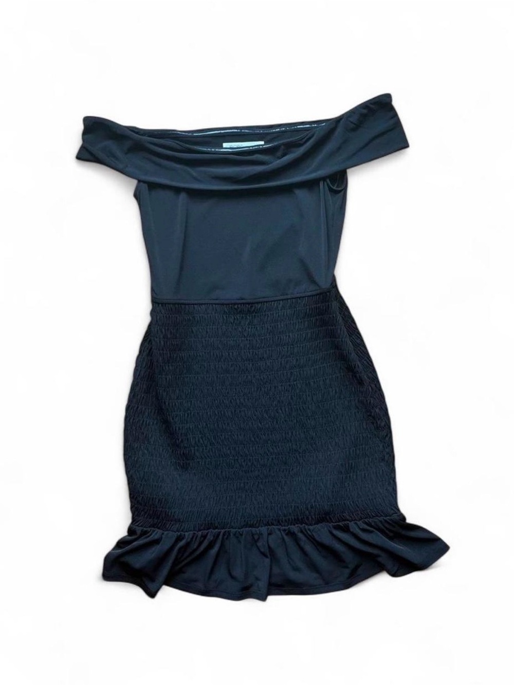 BCBGeneration Black Off-Shoulder Smocked Ruffle Hem Dress